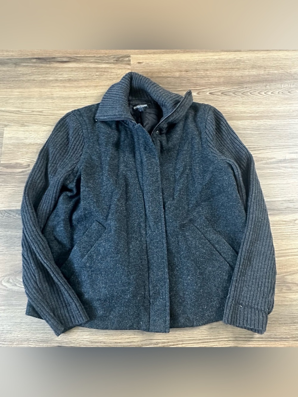 Eileen Fisher Boiled Wool Jacket Black Small Petite Full Zip Knit Sleeve Classic